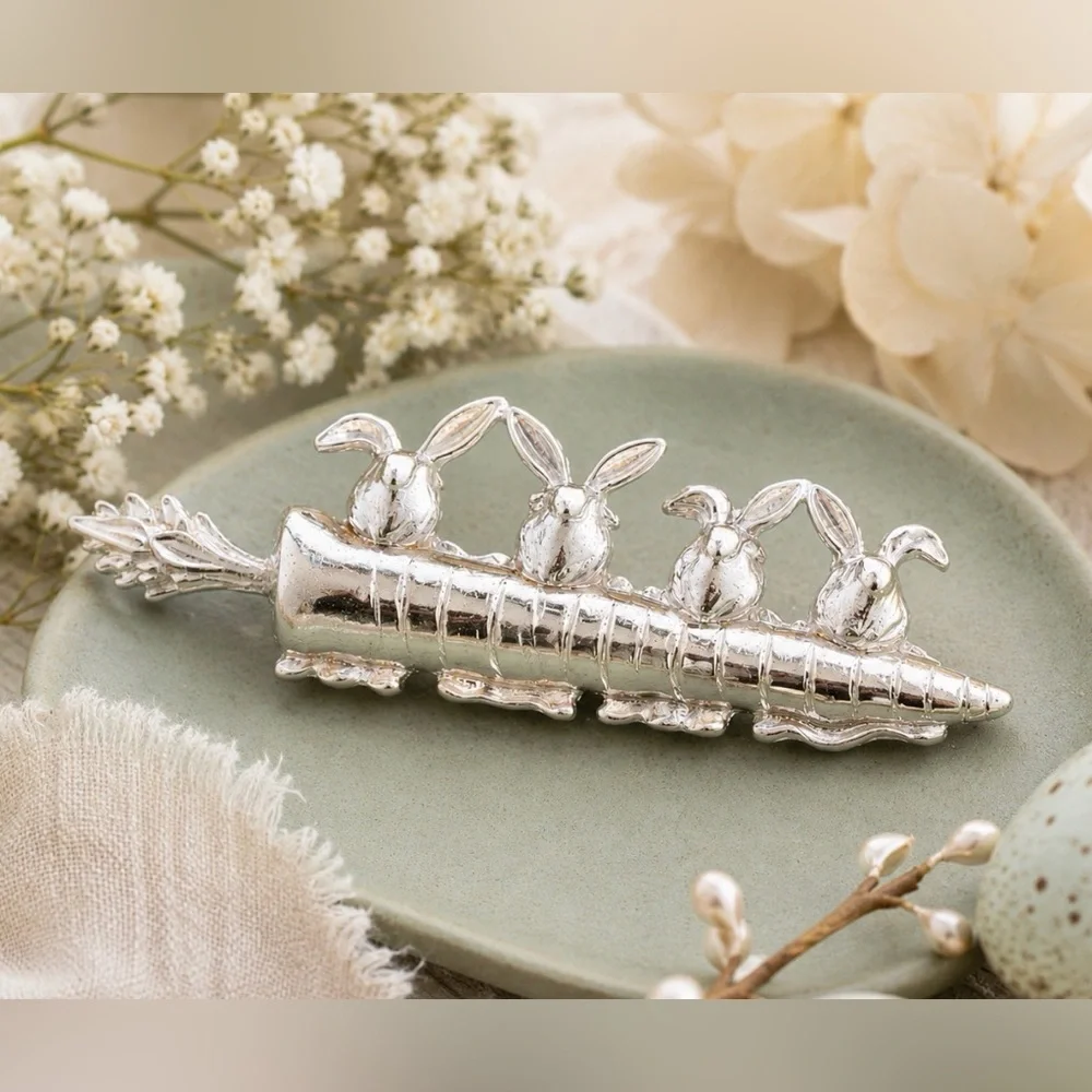 Vintage Coro Bunny Rabbits on Carrot Brooch Silver Tone Easter Pin